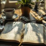 A close-up of gratitude journaling during difficult times, showing an open journal with handwritten entries on a wooden desk bathed in warm sunlight. Surrounding the journal are tissues, tea, and medication representing struggles, alongside hopeful elements like a small plant and an inspirational quote card, portraying the journey of resilience and healing.
