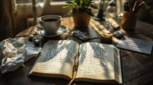 A close-up of gratitude journaling during difficult times, showing an open journal with handwritten entries on a wooden desk bathed in warm sunlight. Surrounding the journal are tissues, tea, and medication representing struggles, alongside hopeful elements like a small plant and an inspirational quote card, portraying the journey of resilience and healing.