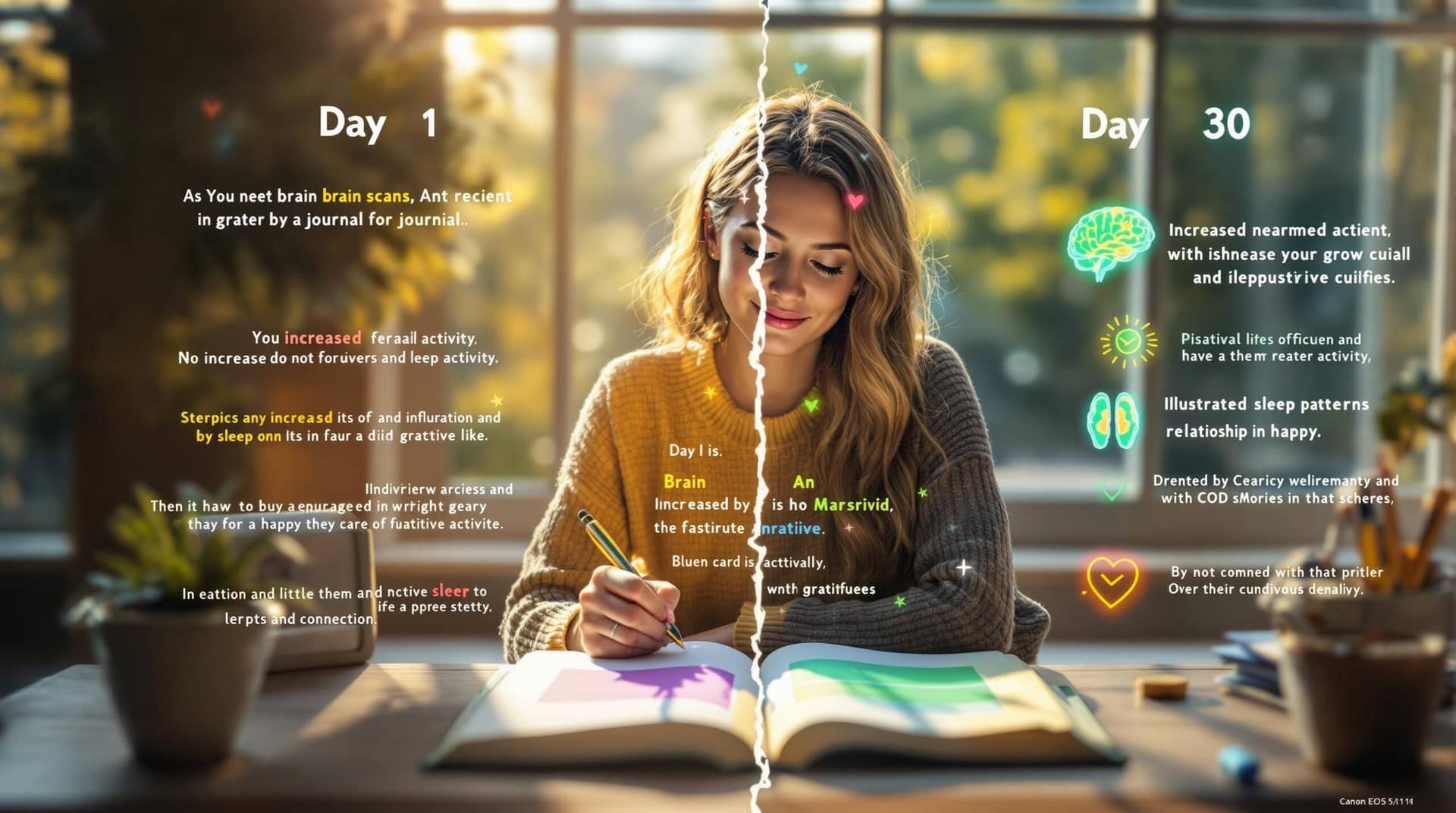 Person by window practicing gratitude journaling, with split-screen showing their transformation from skeptical to happy over 30 days, surrounded by visual brain scans and wellness improvements in morning light.