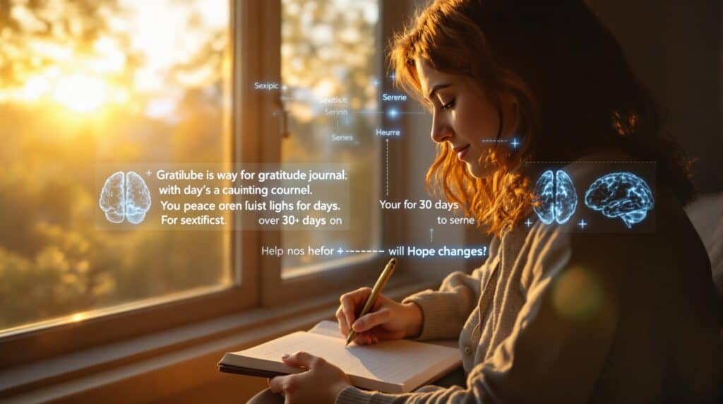 Person experiencing emotional transformation through gratitude journaling over 30 days, shown in a serene sunrise scene with brain scan overlays illustrating the mental benefits of the practice.