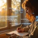 Person experiencing emotional transformation through gratitude journaling over 30 days, shown in a serene sunrise scene with brain scan overlays illustrating the mental benefits of the practice.