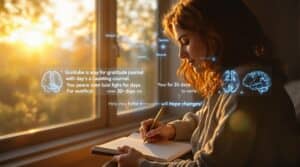 Person experiencing emotional transformation through gratitude journaling over 30 days, shown in a serene sunrise scene with brain scan overlays illustrating the mental benefits of the practice.