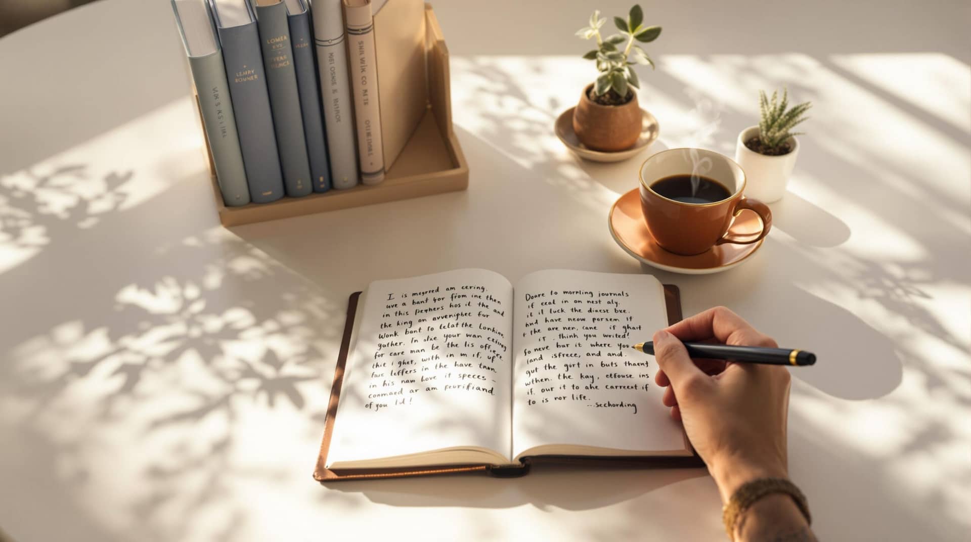 A person's hand writes in a leather-bound journal beside a steaming coffee cup in a minimalist workspace, demonstrating the personal growth and reflection embodied in journaling meaning, with natural light illuminating additional journals and a small plant nearby. 