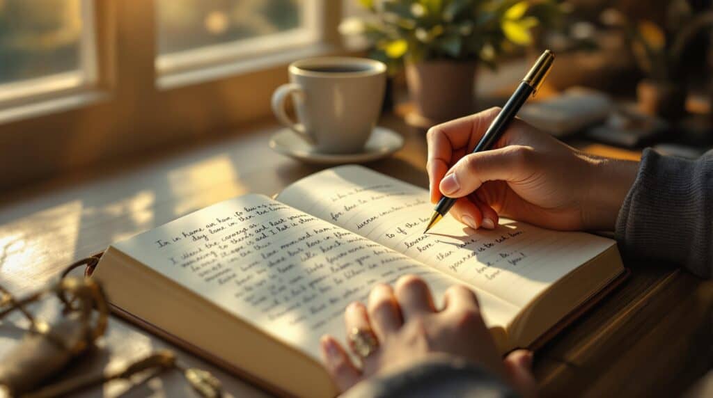 Person writing in a leather journal with morning sunlight, coffee and plant nearby, illustrating the therapeutic journaling meaning of self-reflection and mental wellness.