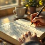 Person writing in a leather journal with morning sunlight, coffee and plant nearby, illustrating the therapeutic journaling meaning of self-reflection and mental wellness.
