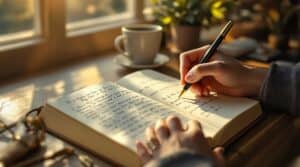 Person writing in a leather journal with morning sunlight, coffee and plant nearby, illustrating the therapeutic journaling meaning of self-reflection and mental wellness.