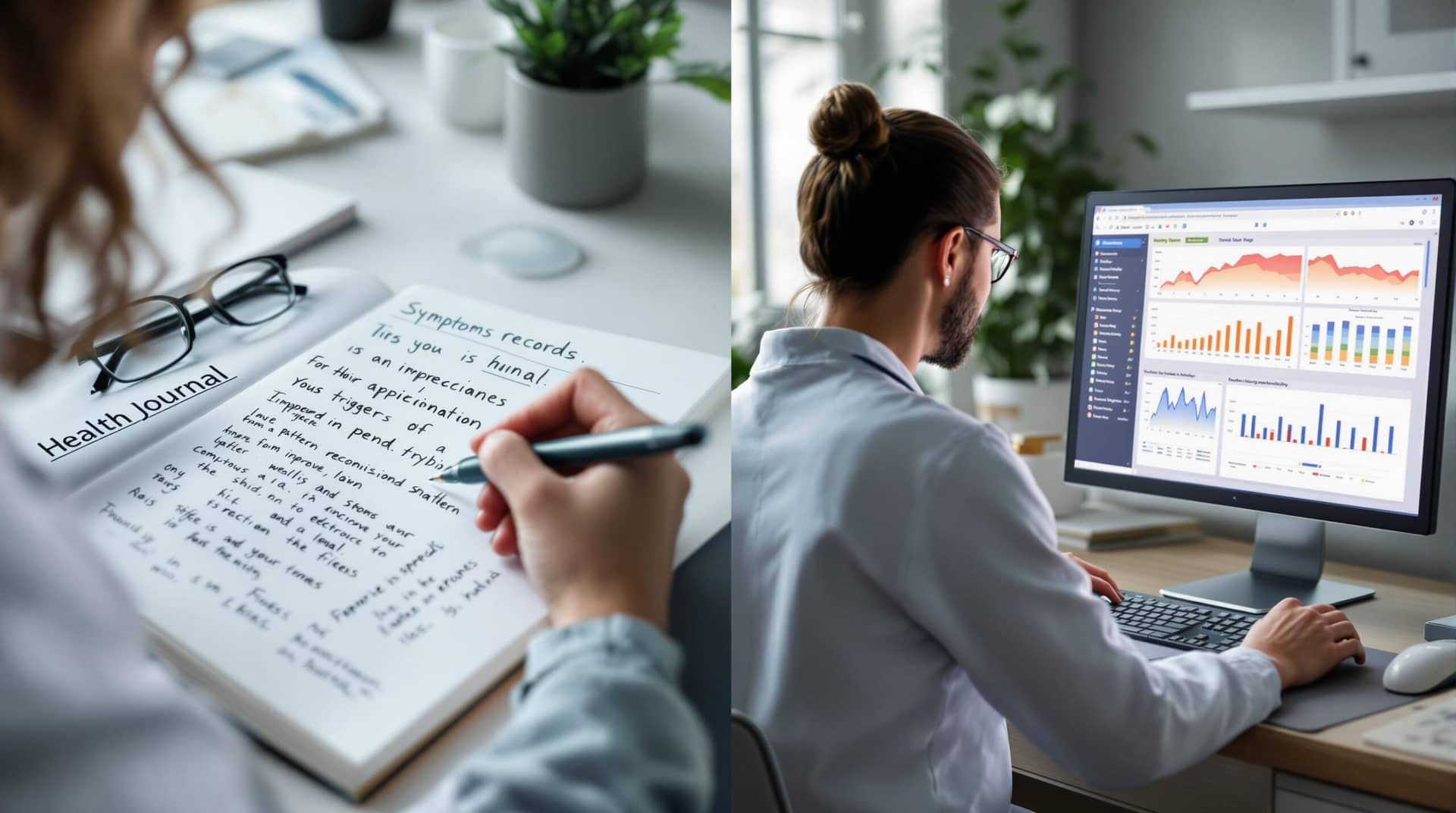 A woman documenting symptoms in her health journaling notebook on left side, while a doctor analyzes the same journal data with diagnostic charts on right, demonstrating how patient tracking supports medical care.