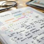 Open health journaling notebook with symptom tracker beside a stethoscope and tablet displaying medical analytics in warm, natural lighting.