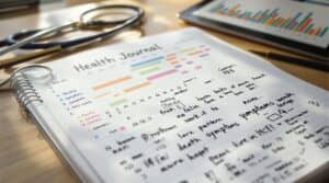 Open health journaling notebook with symptom tracker beside a stethoscope and tablet displaying medical analytics in warm, natural lighting.