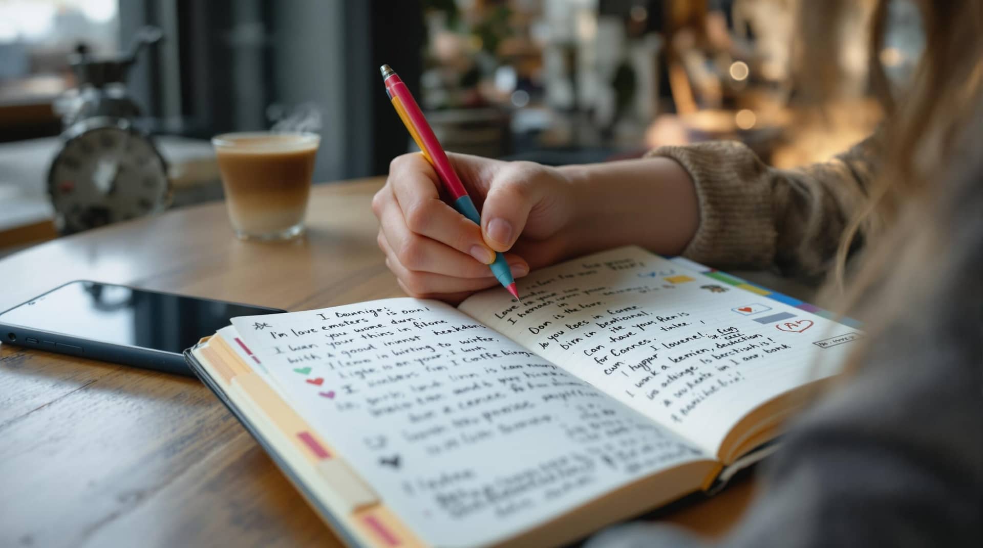 Person engaged in live journaling at a sunlit coffee shop window, writing thoughtfully in a personalized journal with colorful pen, coffee and smartphone nearby. 