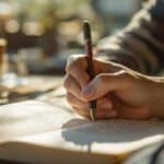 A person engaged in live journaling at a sunlit cafe, writing expressive thoughts in a journal with focused intensity, morning light illuminating handwritten pages as steam rises from nearby coffee.