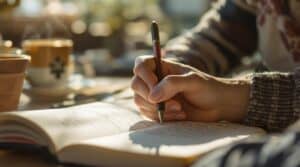 the-art-of-live-journaling-capturing-life-as-it-unfolds | Journaling Insights A person engaged in live journaling at a sunlit cafe, writing expressive thoughts in a journal with focused intensity, morning light illuminating handwritten pages as steam rises from nearby coffee.