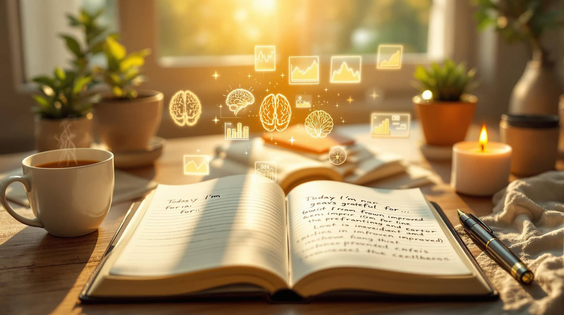 A gratitude journaling workspace bathed in morning light, featuring an open journal with handwritten entries, a fountain pen, and subtle brain imagery showing neural benefits of the practice, surrounded by tea, a plant and a candle creating a peaceful atmosphere. 