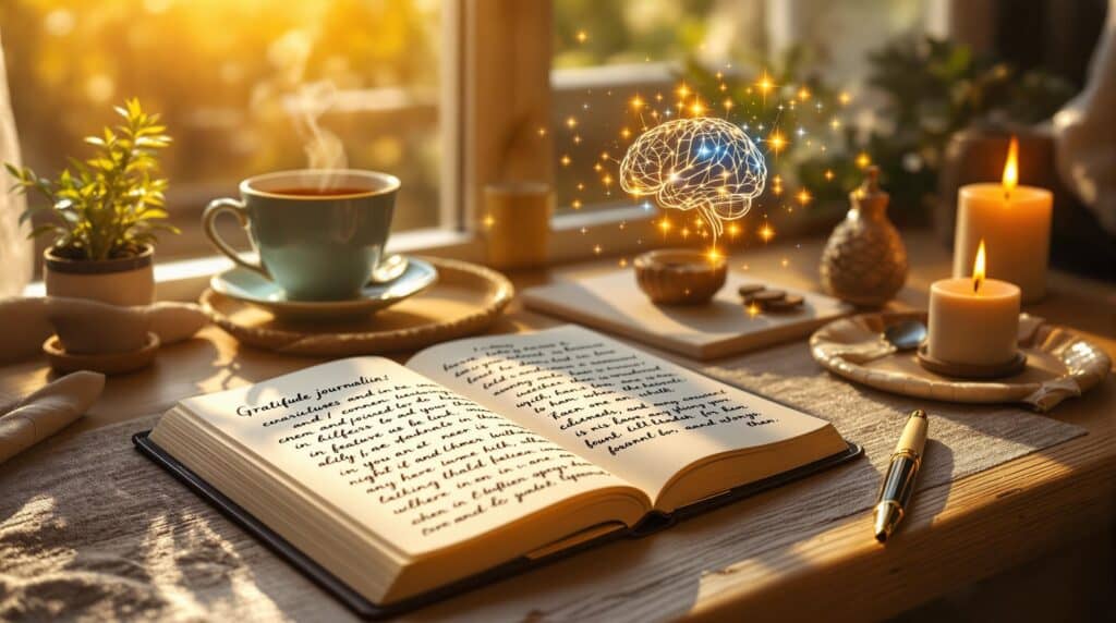 Peaceful gratitude journaling setup with open journal, fountain pen and steaming tea in warm morning light, suggesting mental well-being with subtle neural pathway imagery.