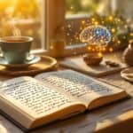 Peaceful gratitude journaling setup with open journal, fountain pen and steaming tea in warm morning light, suggesting mental well-being with subtle neural pathway imagery.