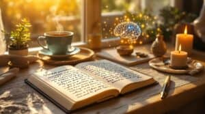 Peaceful gratitude journaling setup with open journal, fountain pen and steaming tea in warm morning light, suggesting mental well-being with subtle neural pathway imagery.