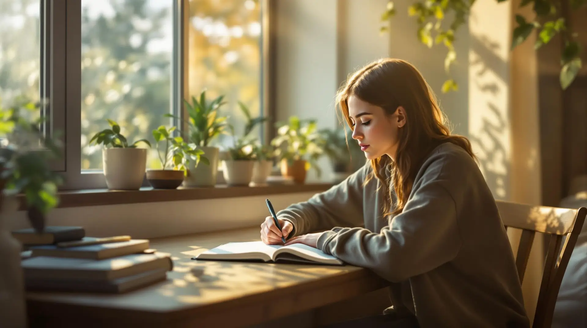 Peaceful teenage student writing in a high school journal at wooden desk by sunlit window, surrounded by books and plants in cozy study space.