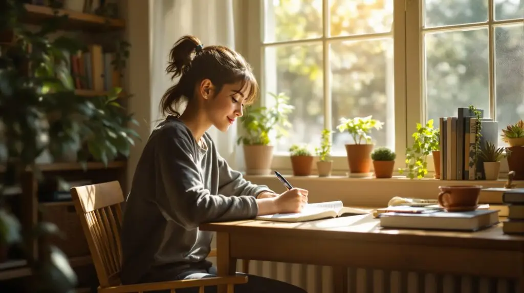Peaceful teenage student writing in High School Journal at wooden desk by sunlit window, surrounded by books and plants in cozy study space promoting mental wellness and self-reflection.