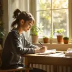 Peaceful teenage student writing in High School Journal at wooden desk by sunlit window, surrounded by books and plants in cozy study space promoting mental wellness and self-reflection.