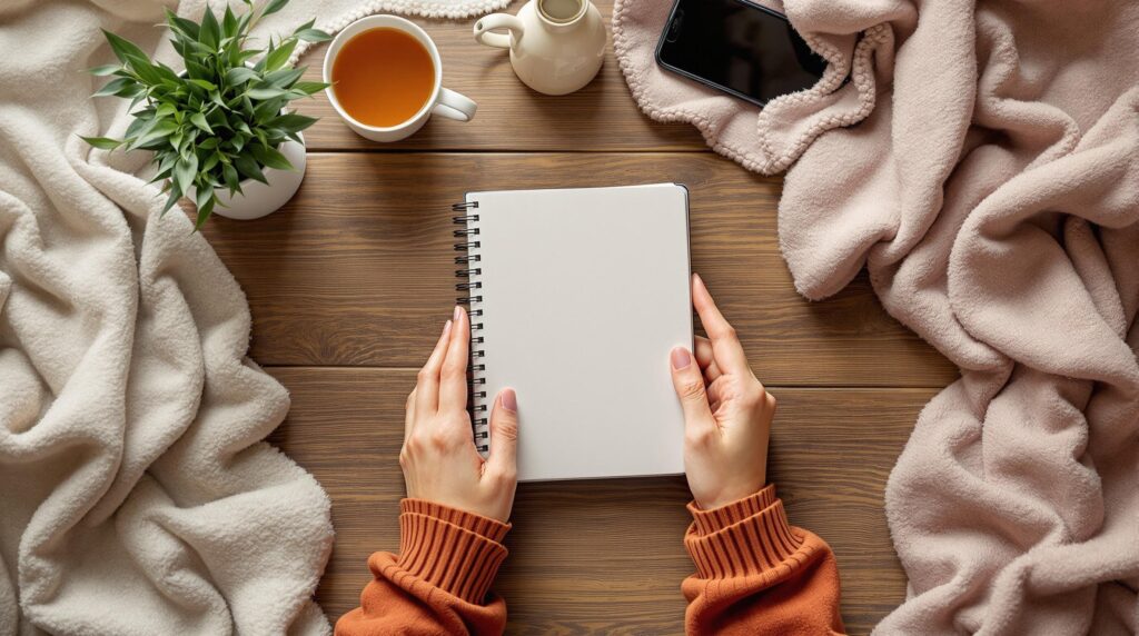 Hands in orange sweater gently holding blank spiral journal on wooden table surrounded by cozy blanket, tea cup, and plant - illustrating safe, nurturing environment for mental health journaling with proper self-care support