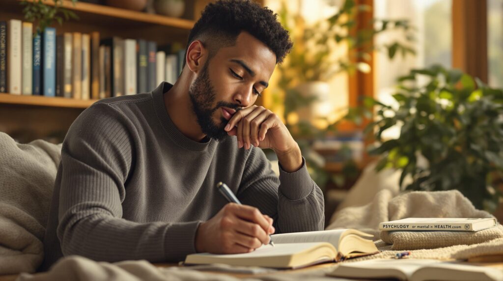 Young man thoughtfully writing in journal while sitting on couch with psychology and mental health books nearby, demonstrating evidence-based approach to mental health journaling and therapeutic self-reflection