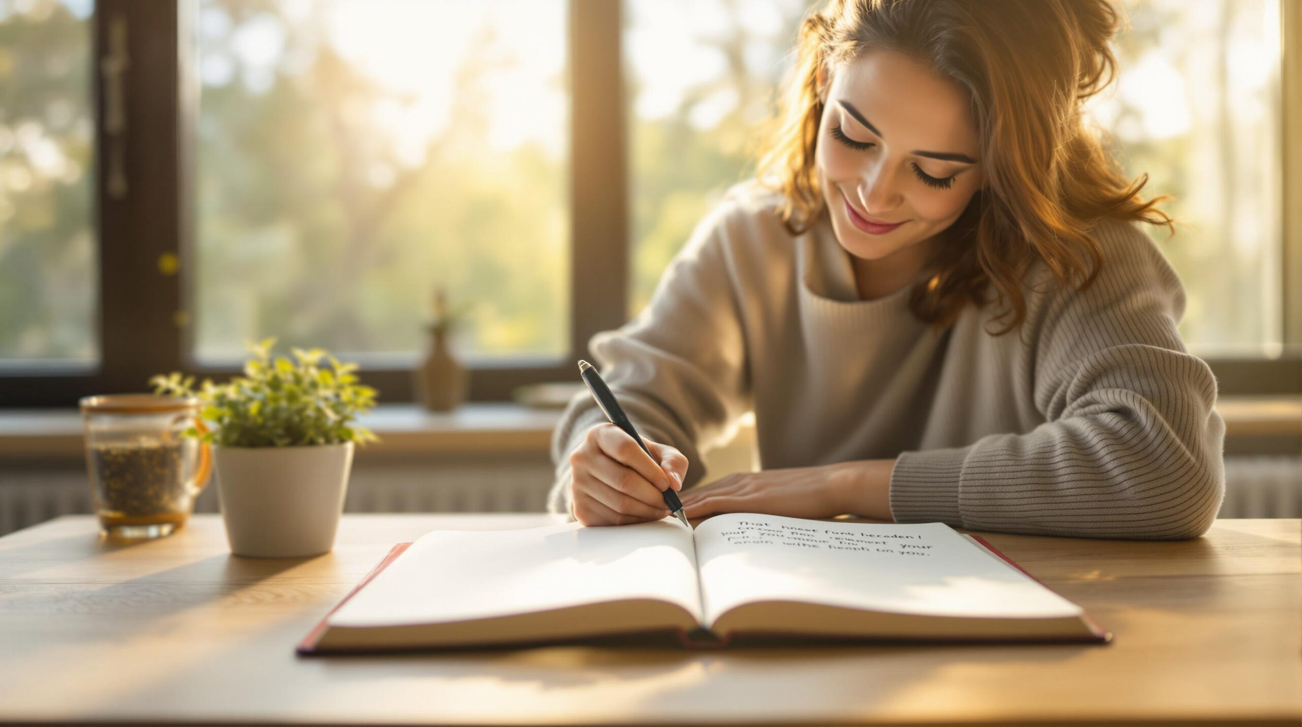 Person writing in journal by window for mental health practice