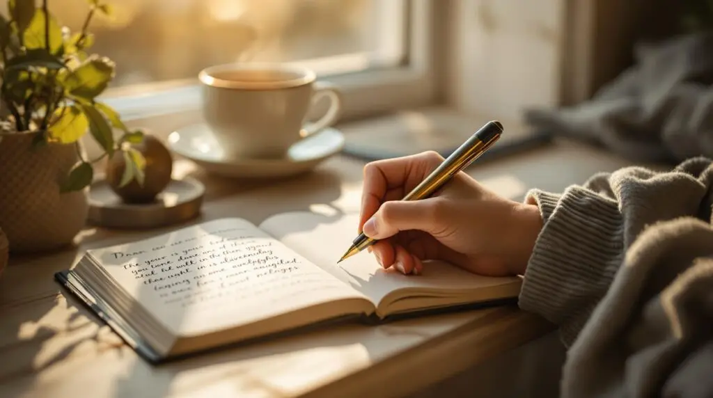 Person writing in journal by sunlit window practicing mental health journaling with warm tea in cozy indoor setting