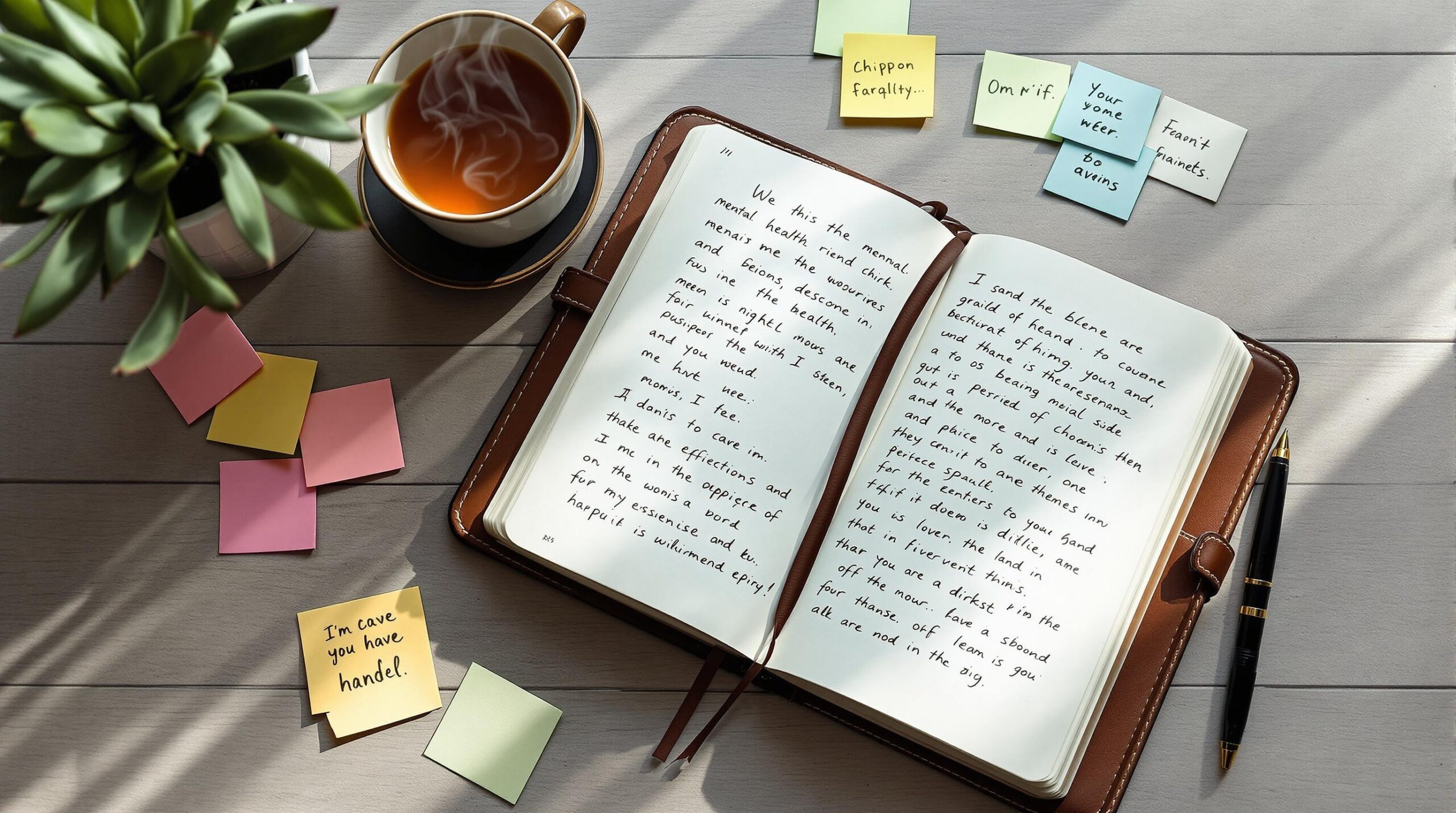 Overhead view of a mental health journaling workspace featuring an open leather journal, herbal tea, fountain pen, and positive affirmation sticky notes on a clean wooden desk with natural lighting.