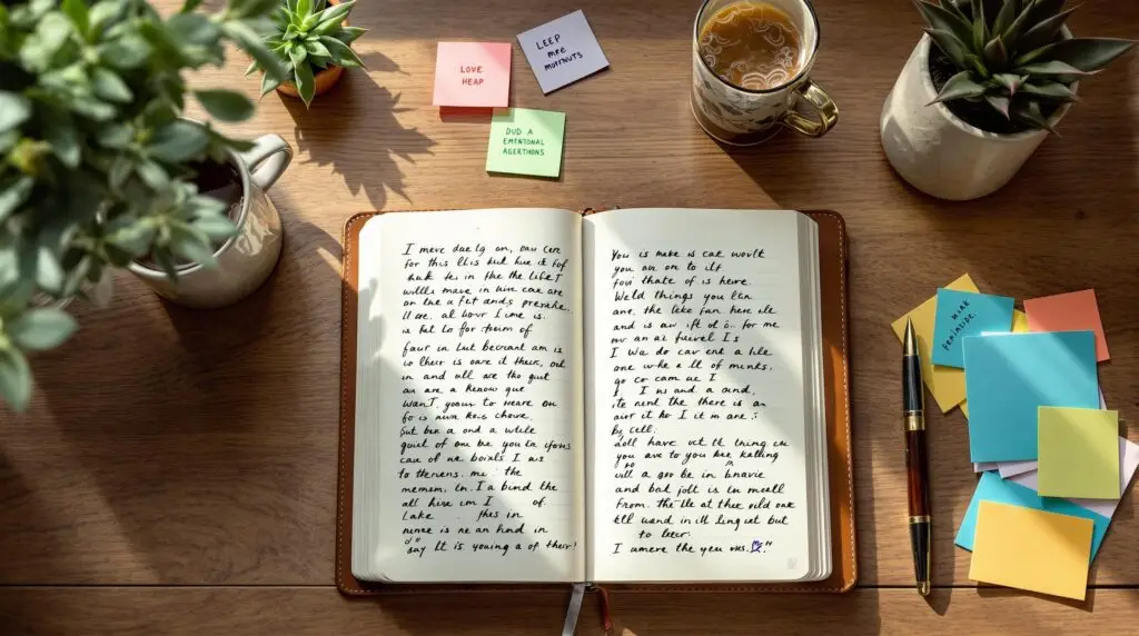 Overhead view of mental health journaling workspace with open leather journal, herbal tea, fountain pen, and succulent on wooden desk in natural light