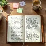 Overhead view of mental health journaling workspace with open leather journal, herbal tea, fountain pen, and succulent on wooden desk in natural light