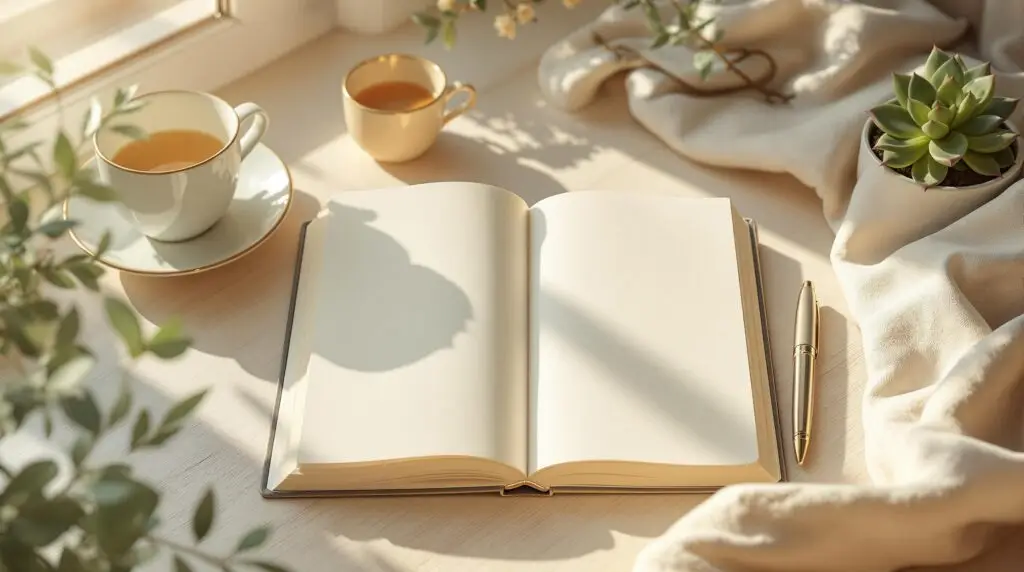 Serene journaling setup with open blank journal, gold pen, two cups of tea, small succulent plant, and soft natural lighting streaming through window - creating a peaceful environment for mental health journaling and self-reflection