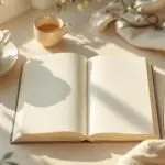 Serene journaling setup with open blank journal, gold pen, two cups of tea, small succulent plant, and soft natural lighting streaming through window - creating a peaceful environment for mental health journaling and self-reflection