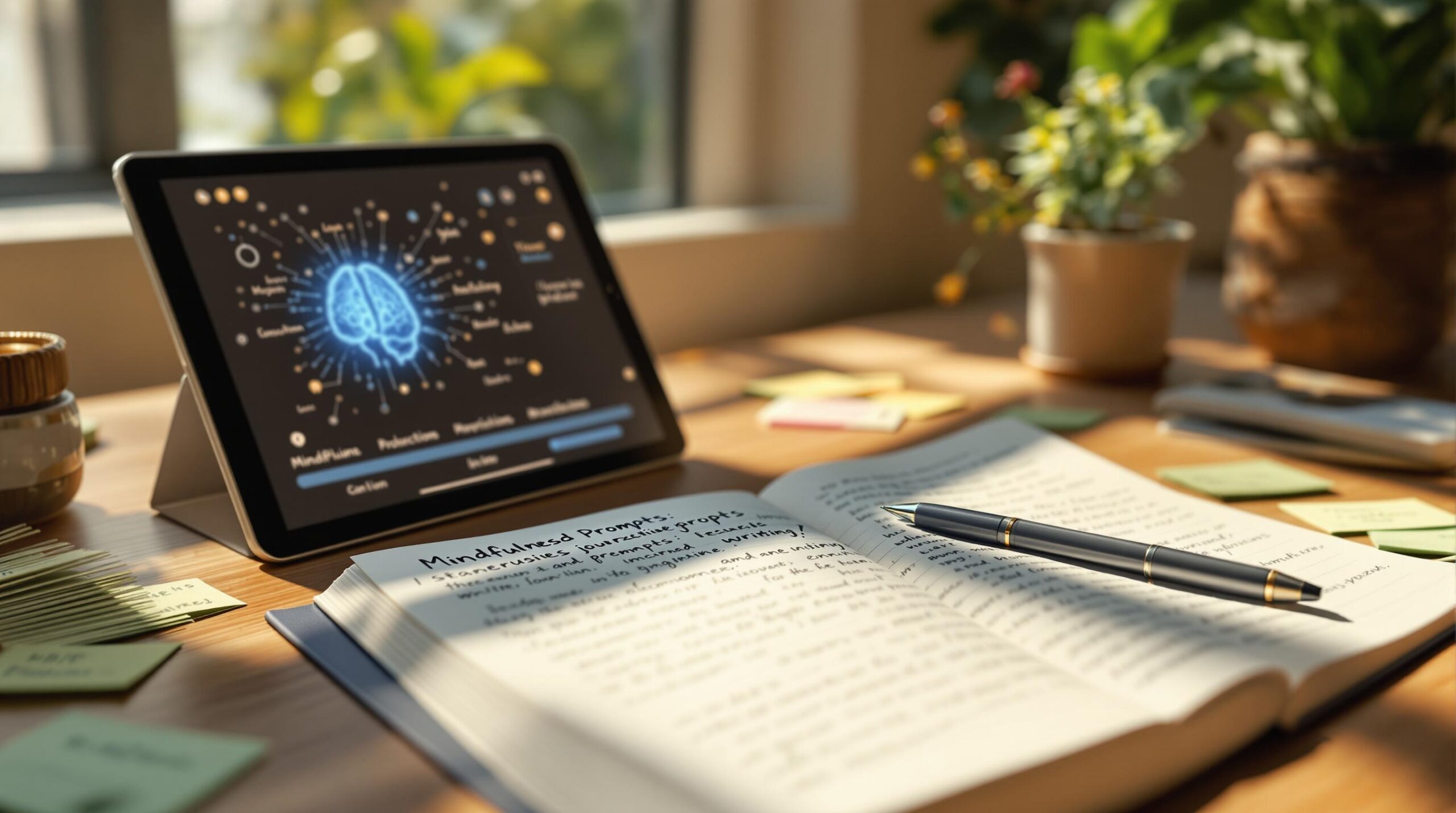 Peaceful journaling setup with open notebook and mindfulness app on wooden desk in natural light