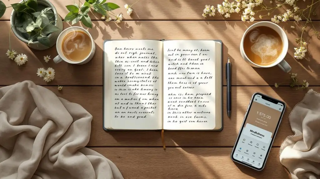 Overhead view of an open journal with handwritten text on a wooden desk, surrounded by herbal tea, wildflowers, and a smartphone with mindfulness app, creating a peaceful emotional journaling workspace.