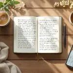 Overhead view of an open journal with handwritten text on a wooden desk, surrounded by herbal tea, wildflowers, and a smartphone with mindfulness app, creating a peaceful emotional journaling workspace.