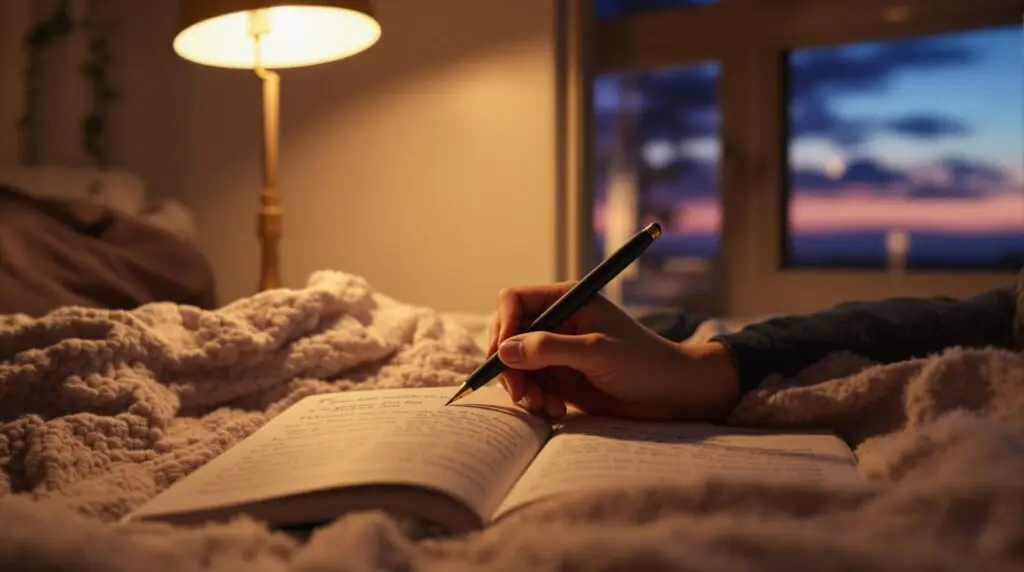 Evening journaling setup with lamp light illuminating reflection prompts in an open journal, cozy blanket, and twilight sky visible through window.
