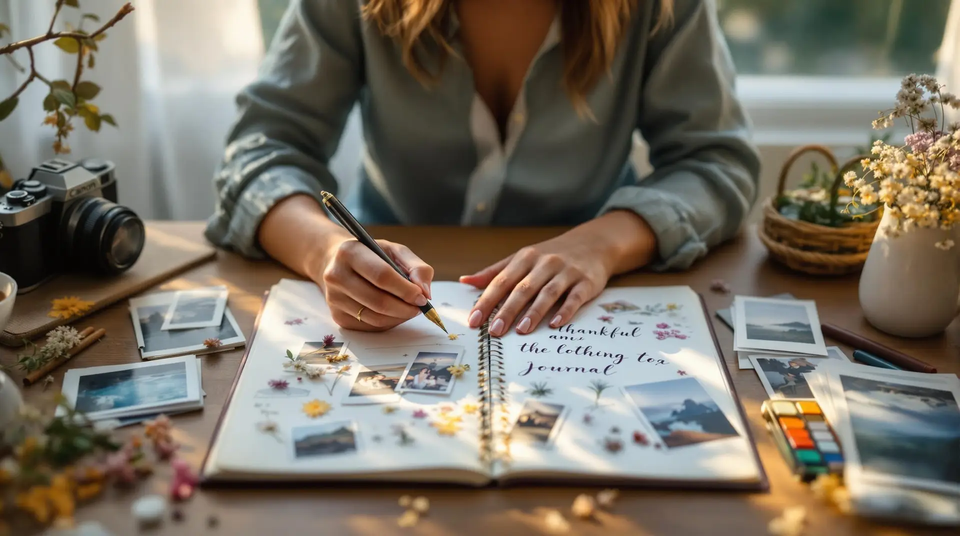 Woman practicing creative gratitude journaling at wooden desk surrounded by watercolor paints, colored pencils, and photographs with natural window light creating warm atmosphere