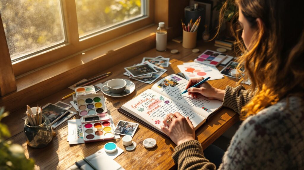 Woman practicing gratitude journaling at rustic wooden desk by window, surrounded by watercolor paints, colored pencils, and creative materials in warm natural light.