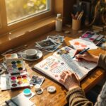 Woman practicing gratitude journaling at rustic wooden desk by window, surrounded by watercolor paints, colored pencils, and creative materials in warm natural light.