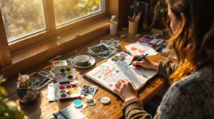 Woman practicing gratitude journaling at rustic wooden desk by window, surrounded by watercolor paints, colored pencils, and creative materials in warm natural light.