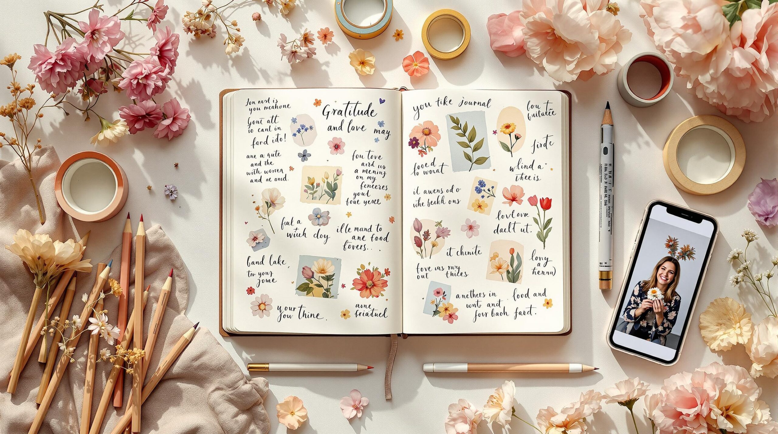 Open gratitude journal with colorful visual elements, watercolor washes, pressed flowers, and mixed media art supplies