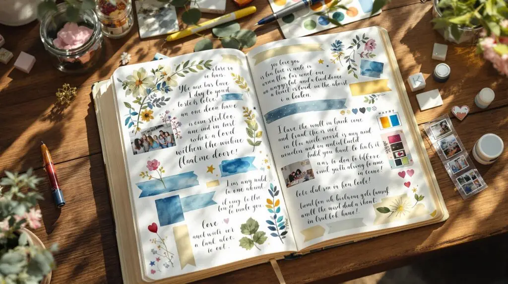 Open gratitude journal on wooden table showing gratitude journaling examples with colorful watercolor washes, pressed flowers, hand-drawn doodles, photos, washi tape, and handwritten entries surrounded by art supplies in natural lighting.