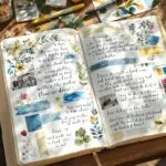 Open gratitude journal on wooden table showing gratitude journaling examples with colorful watercolor washes, pressed flowers, hand-drawn doodles, photos, washi tape, and handwritten entries surrounded by art supplies in natural lighting.