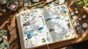 Open gratitude journal on wooden table showing gratitude journaling examples with colorful watercolor washes, pressed flowers, hand-drawn doodles, photos, washi tape, and handwritten entries surrounded by art supplies in natural lighting.