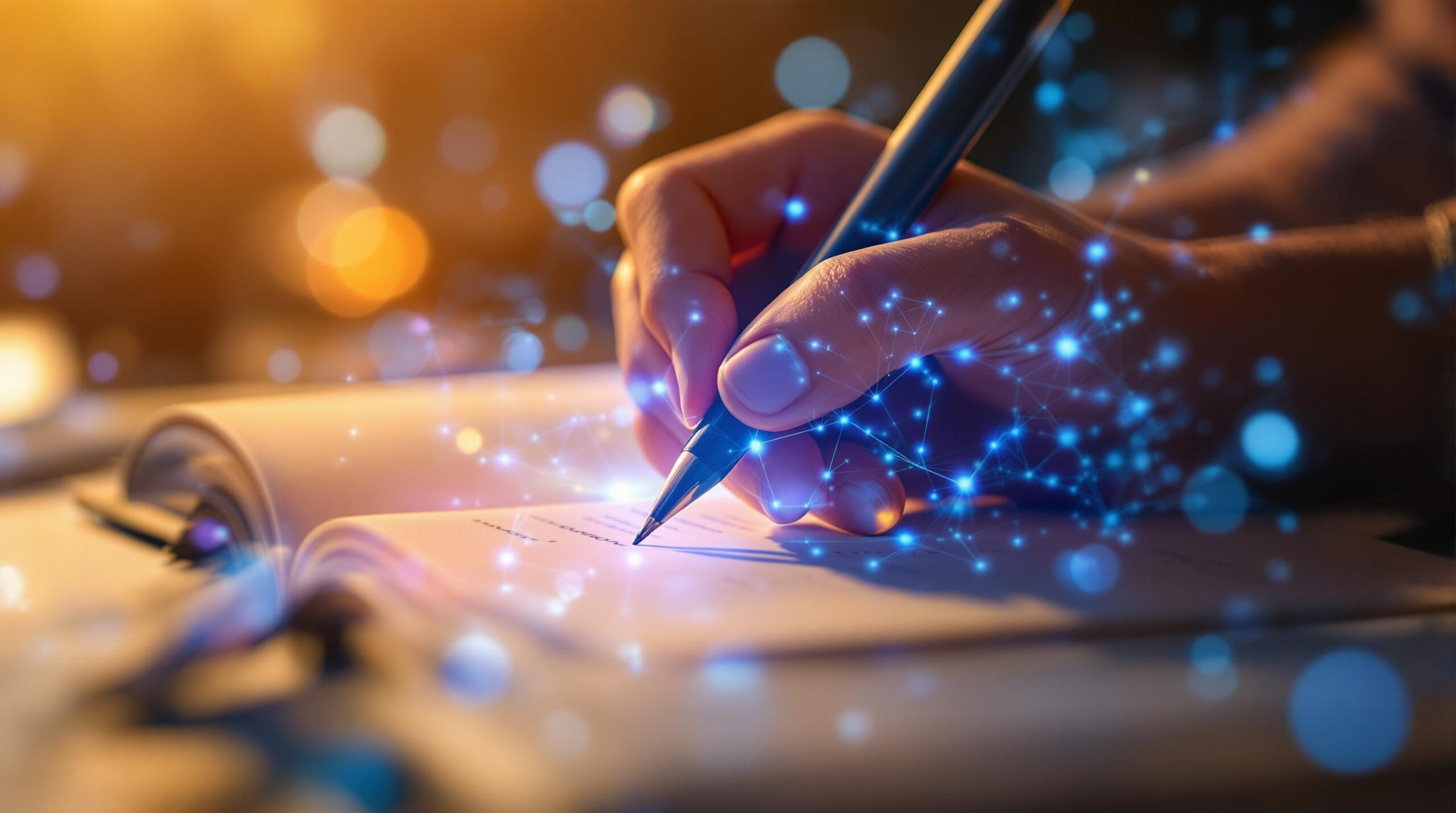 Hand writing in journal with neural network illustration