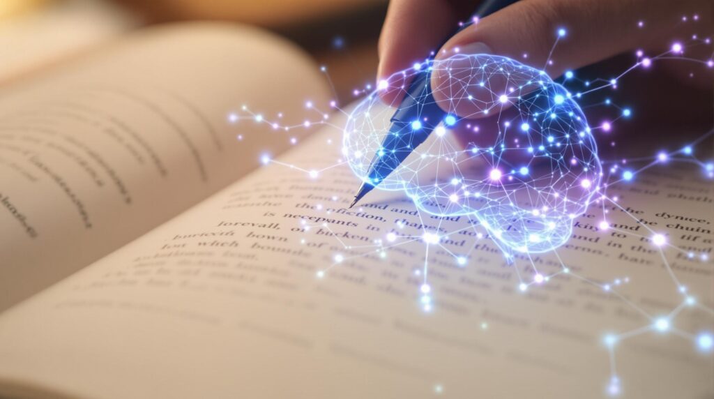 Hand writing in journal with translucent neural network overlay illustrating how emotional journaling enhances brain connectivity and neuroplasticity.