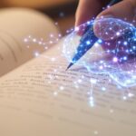 Hand writing in journal with translucent neural network overlay illustrating how emotional journaling enhances brain connectivity and neuroplasticity.