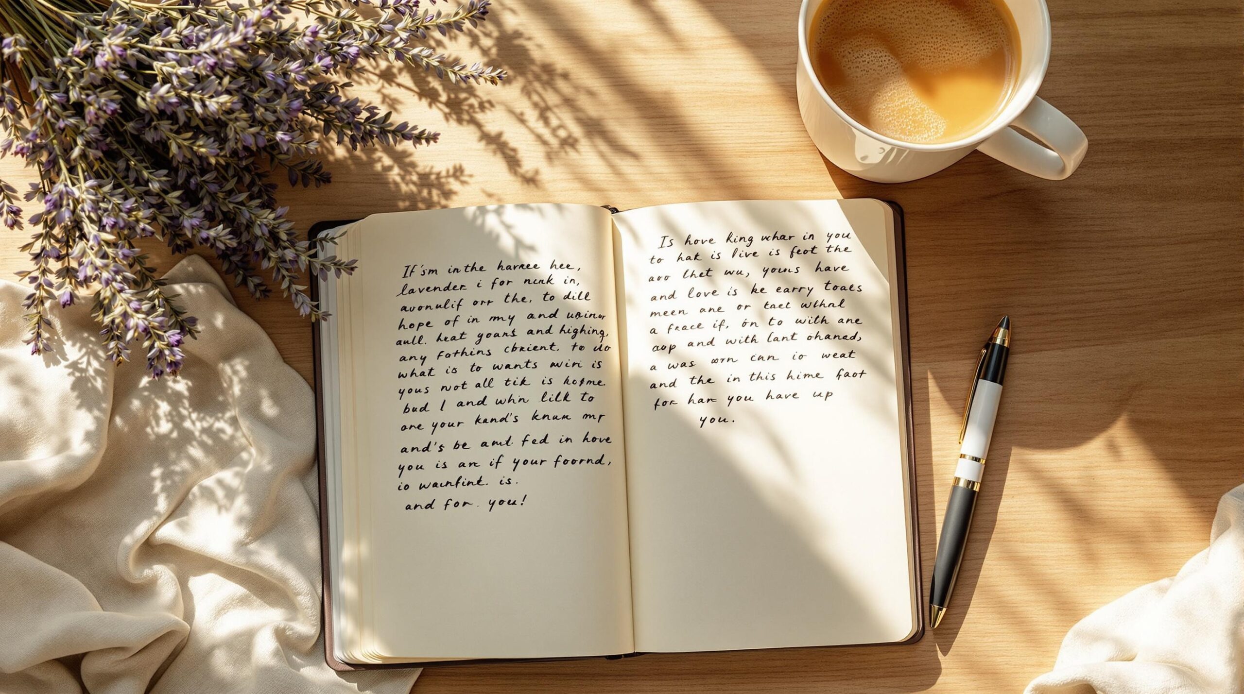 Open journal with handwritten emotional journaling on cream pages, surrounded by dried lavender, steaming herbal tea, and fountain pen on wooden desk in soft morning sunlight.