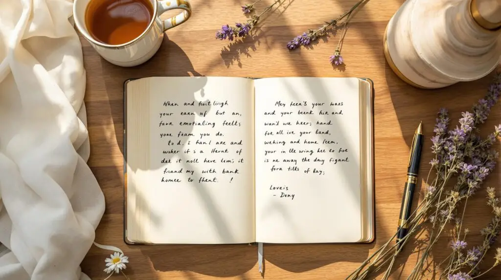 Open journal with handwritten emotional journaling entries on cream pages, surrounded by fountain pen, herbal tea, and lavender sprigs on wooden desk in soft morning light.