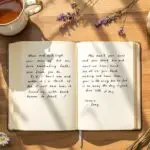 Open journal with handwritten emotional journaling entries on cream pages, surrounded by fountain pen, herbal tea, and lavender sprigs on wooden desk in soft morning light.